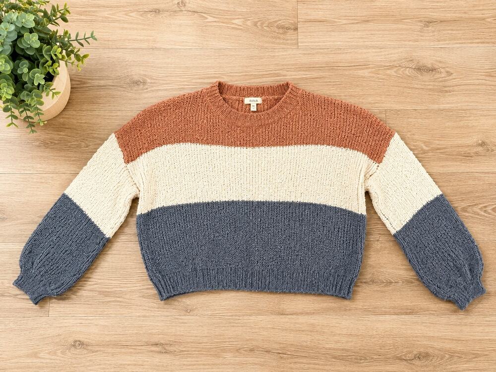 Debut Women’s Small Colorblock Knit Sweater Rust Cream Blue Long Sleeve
